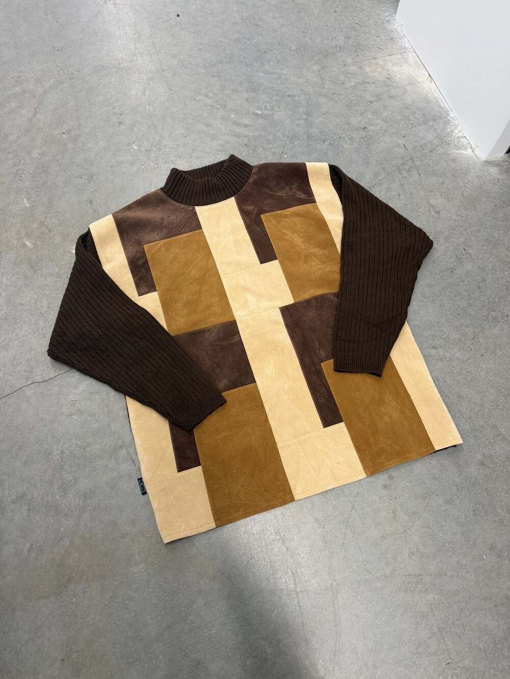 Vintage 80s Koman Sport Brown Faux Leather Patchwork Sweater Dress Size XL